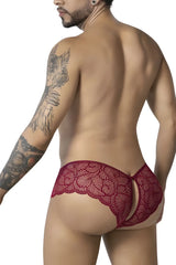Red lace candyMan 99907 lace trunks in burgundy with a delicate floral pattern and open back design visible