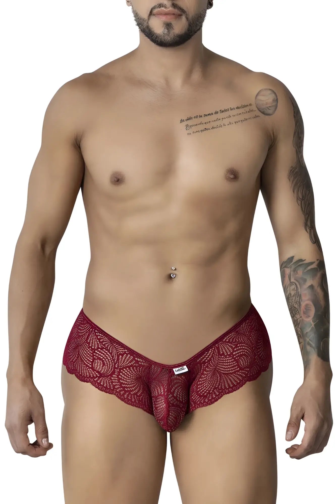 CandyMan 99907 lace trunks in burgundy red feature intricate floral lace pattern and a central pouch design