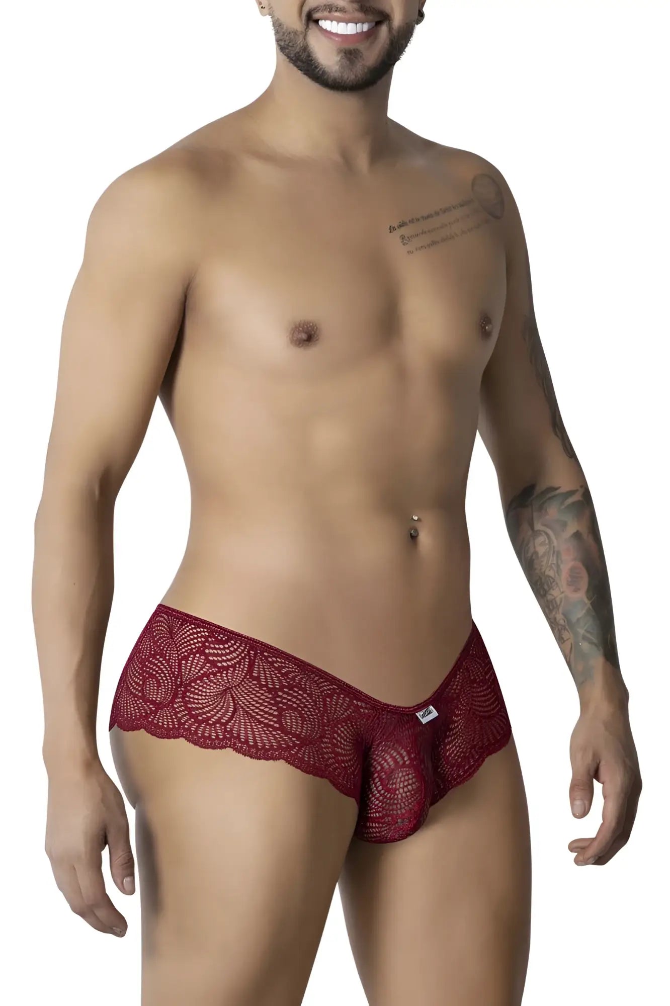 Burgundy red lace mens trunks with scalloped edge and intricate pattern candyMan 99907 lace trunks
