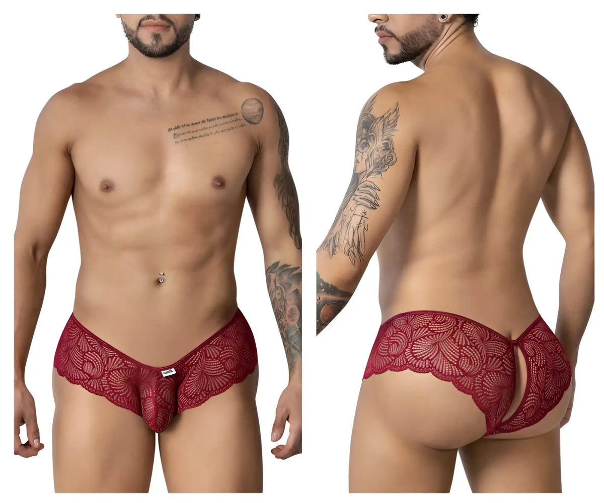 CandyMan 99907 lace trunks in burgundy featuring red lace material with scalloped edge and open back design