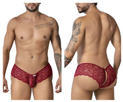 CandyMan 99907 lace trunks in burgundy featuring red lace material with scalloped edge and open back design
