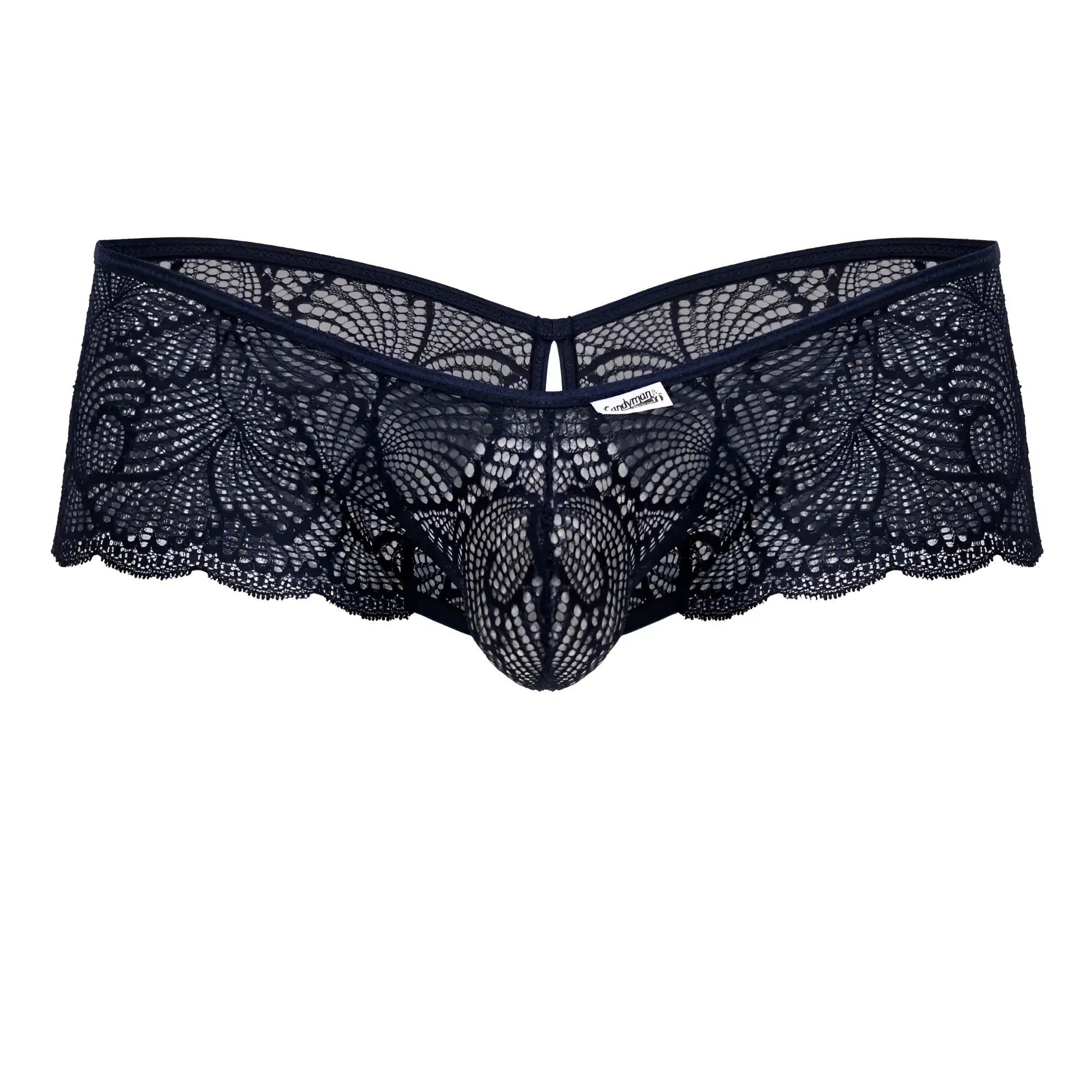 Navy CandyMan 99907 lace trunks with black lace floral patterns and central mesh design for men