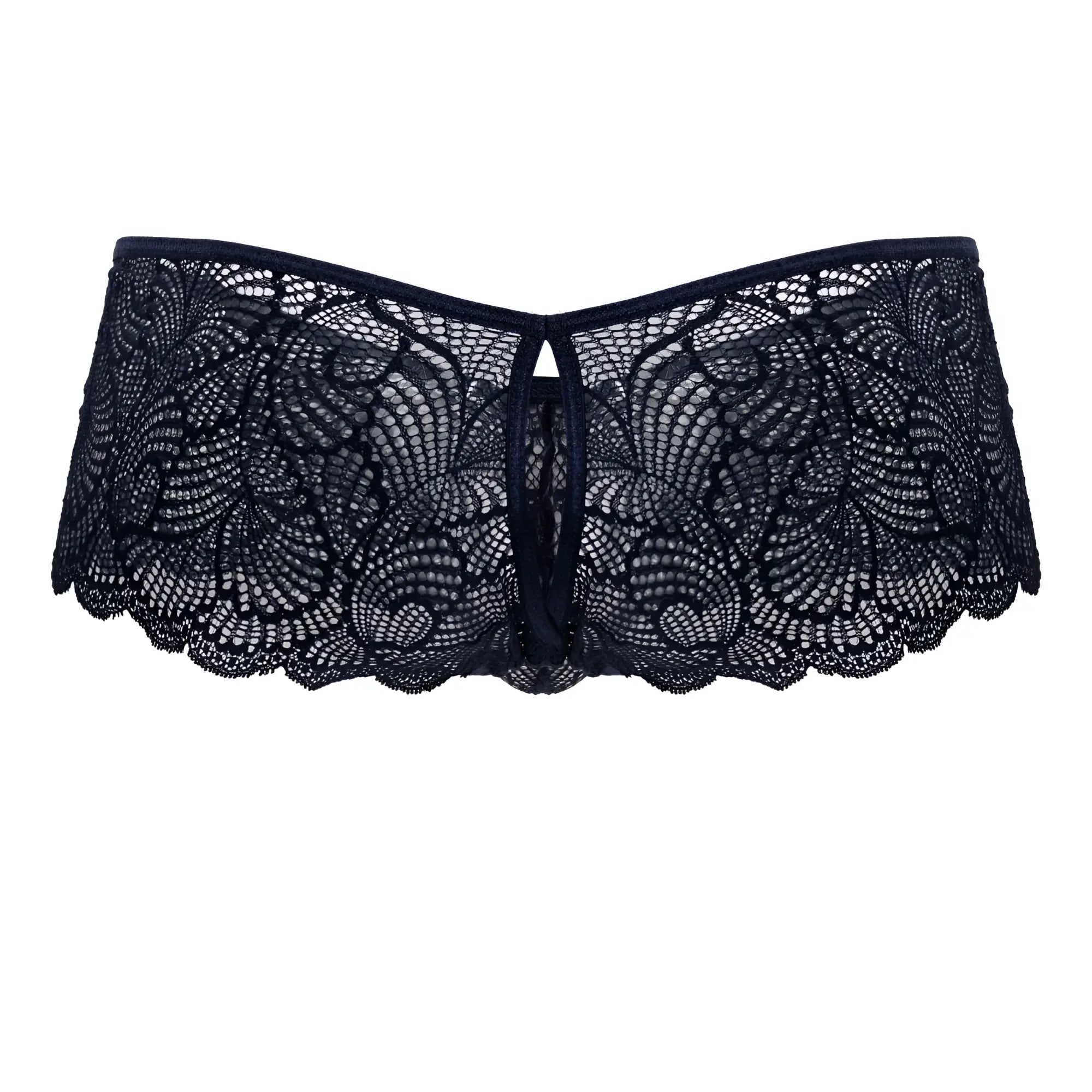 Black lace underwear candyMan 99907 lace trunks navy with intricate floral patterns and scalloped edge