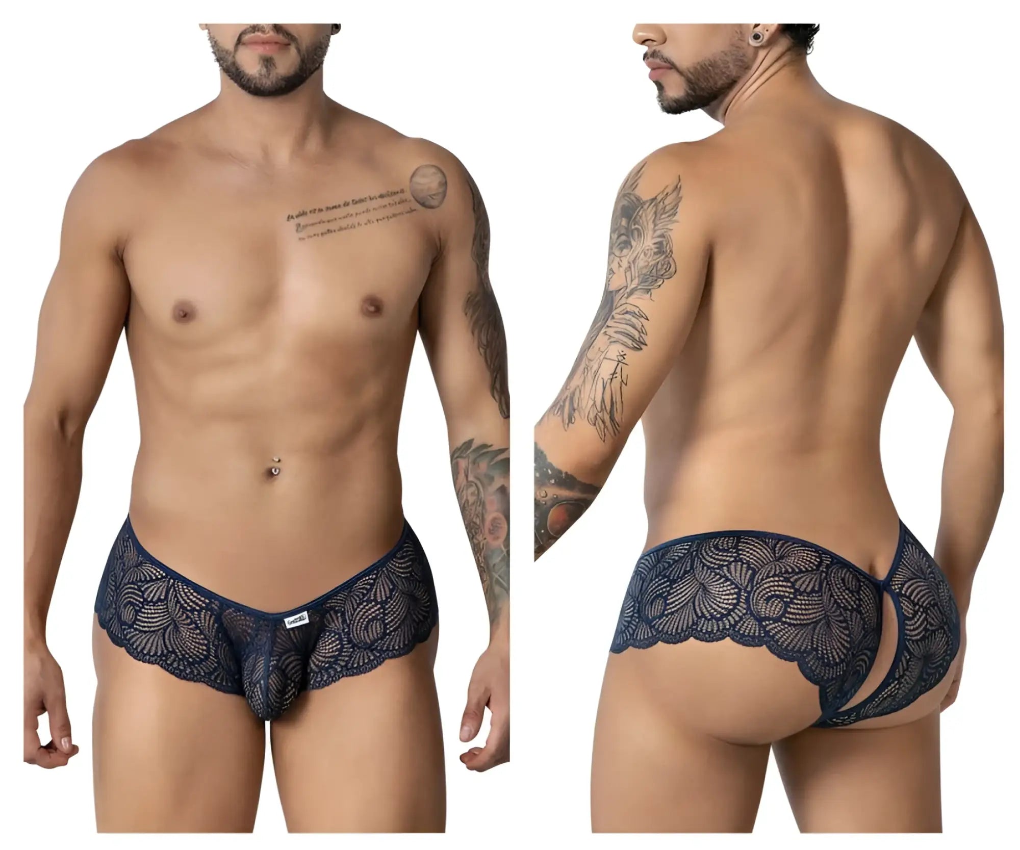Navy blue lace men’s underwear with intricate floral patterns and scalloped edges candyMan 99907 lace trunks