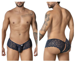 Navy blue lace men’s underwear with intricate floral patterns and scalloped edges candyMan 99907 lace trunks