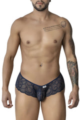 Navy blue lace men’s trunks with intricate floral pattern and small brand tag on the waistband candy man 99907 lace trunks