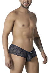 CandyMan 99907 lace trunks in navy featuring dark blue floral lace patterns with scalloped edges for men
