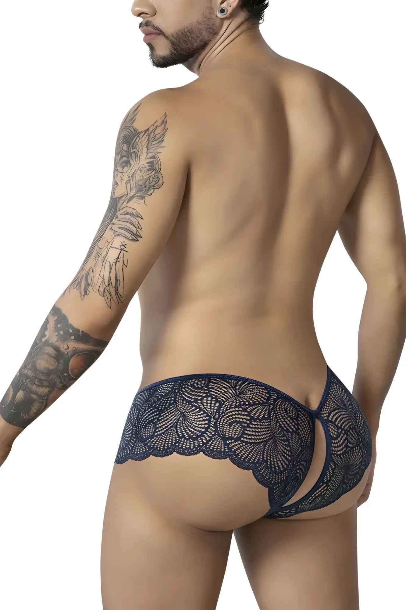 CandyMan 99907 lace trunks in navy feature dark blue lace with scalloped edges and a stylish cutout design