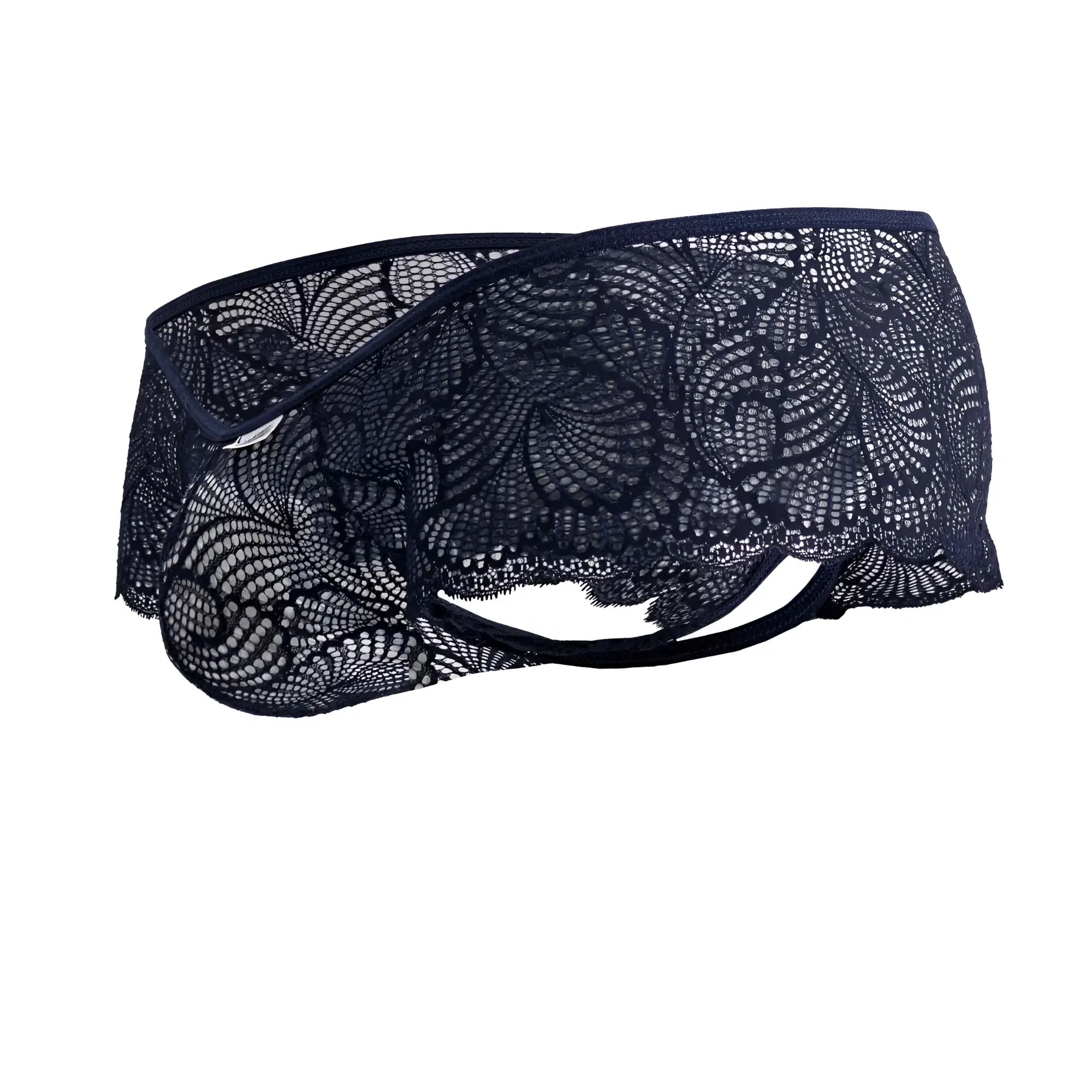 CandyMan 99907 lace trunks in navy with intricate floral patterns and delicate sheer fabric design