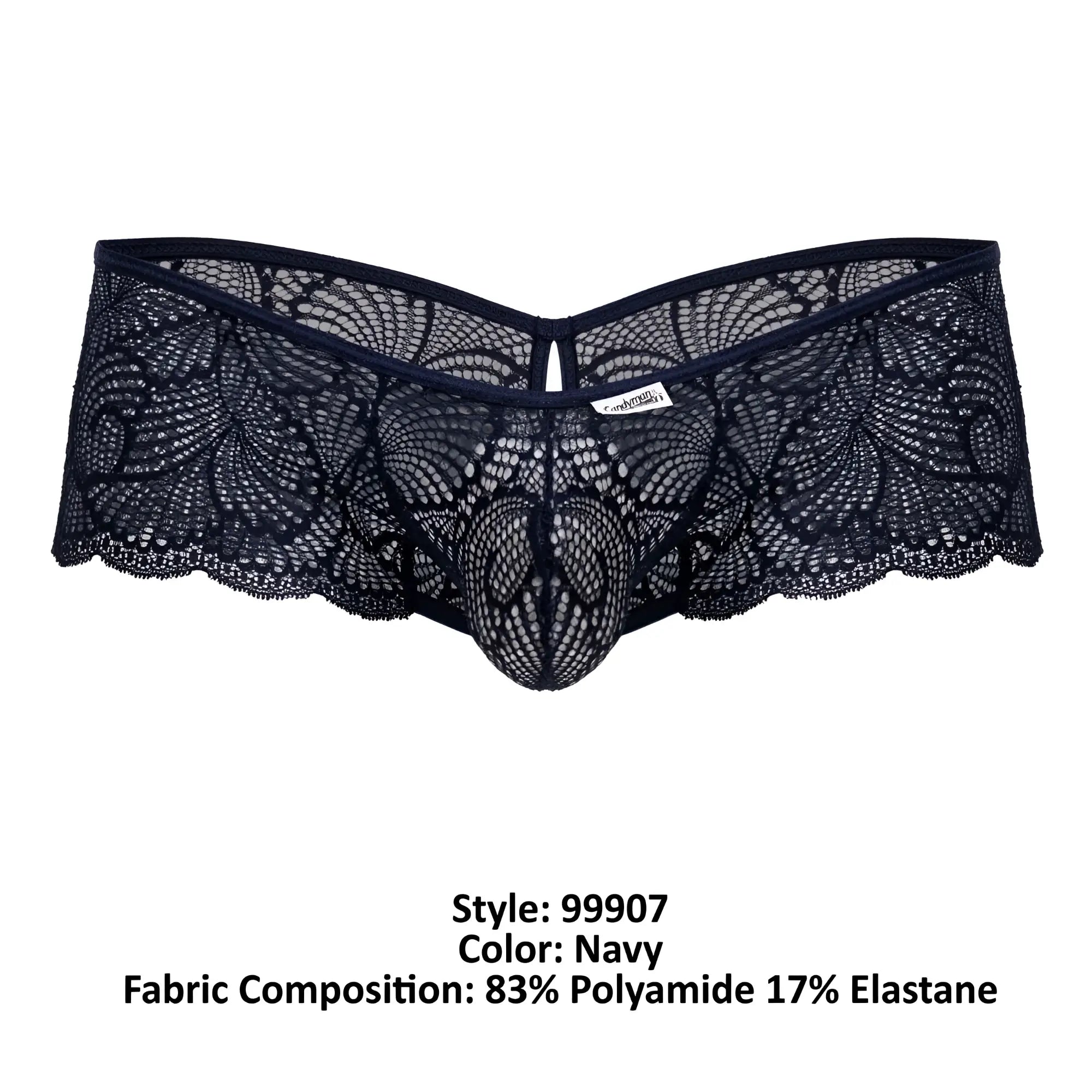 CandyMan 99907 lace trunks in navy with intricate floral lace and central mesh design men’s underwear front view
