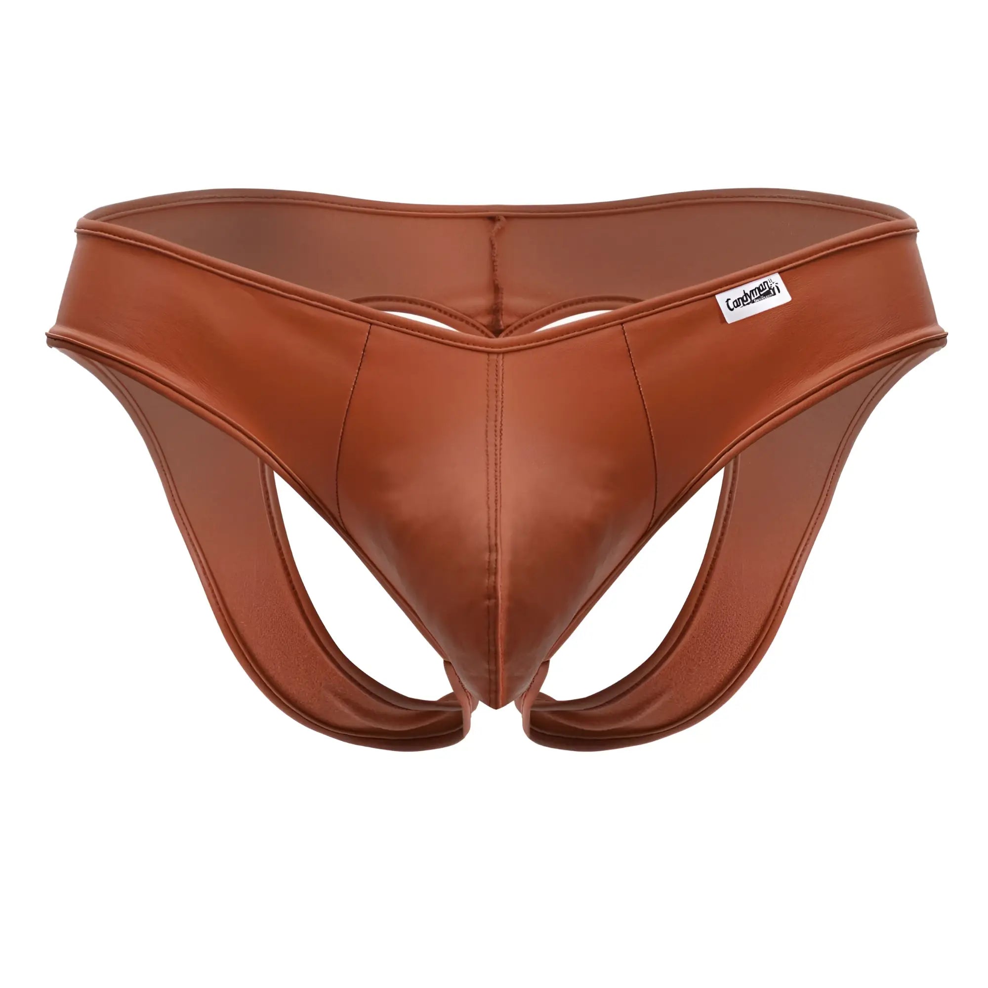 Brown faux leather thong with sleek contoured design and subtle stitching in candyMan 99908 heart briefs red
