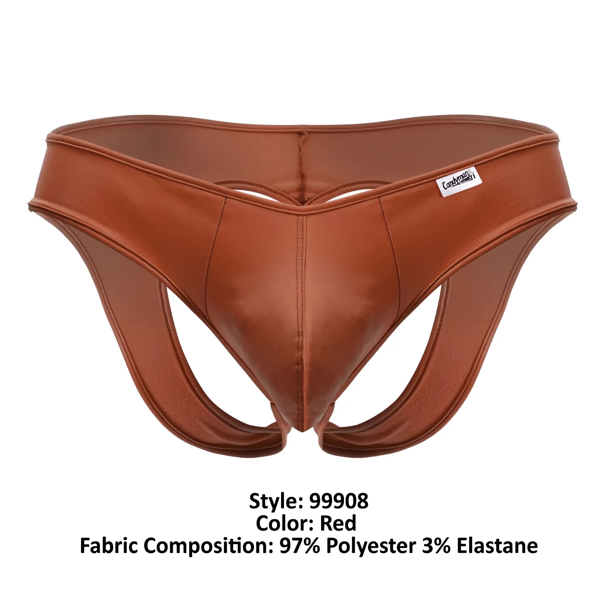 Red faux leather CandyMan 99908 heart briefs with a sleek contoured design and subtle brand tag on the waistband