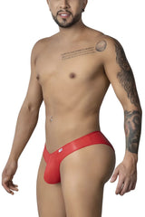 Red latex thong candyMan 99908 heart briefs with small white logo on left hipband front view