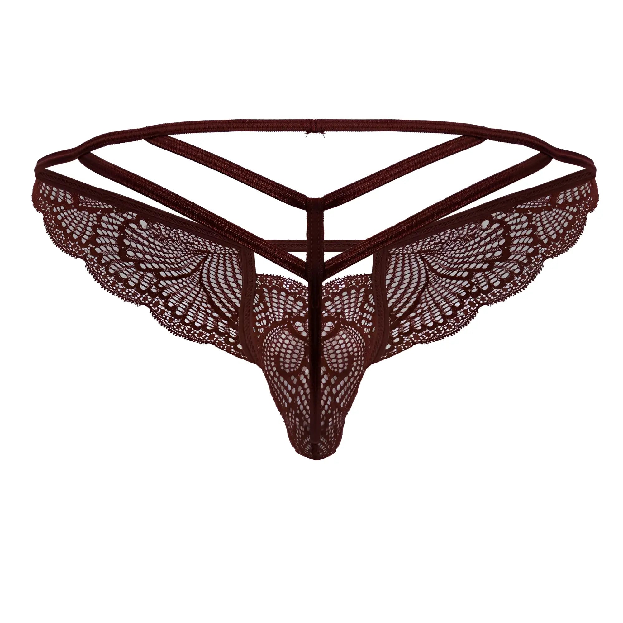 CandyMan 99910 burgundy lace thong with dark brown intricate butterfly wing patterns and triangular strappy design