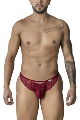 Burgundy candyMan 99910 lace thong with red lace fabric and central bow design
