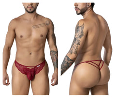 Burgundy lace thong by candyman with a decorative front bow in a delicate lace design