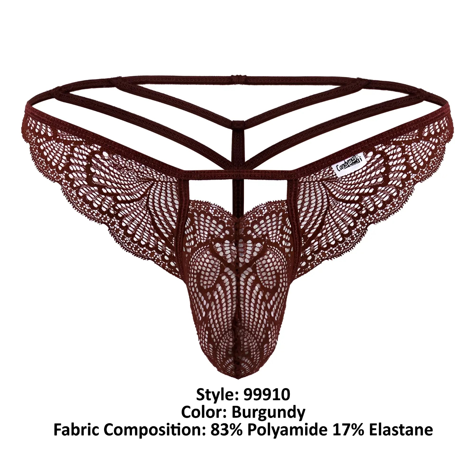 Burgundy candyMan 99910 lace thong with intricate butterfly pattern and multi-strapped supportive backband shown from back