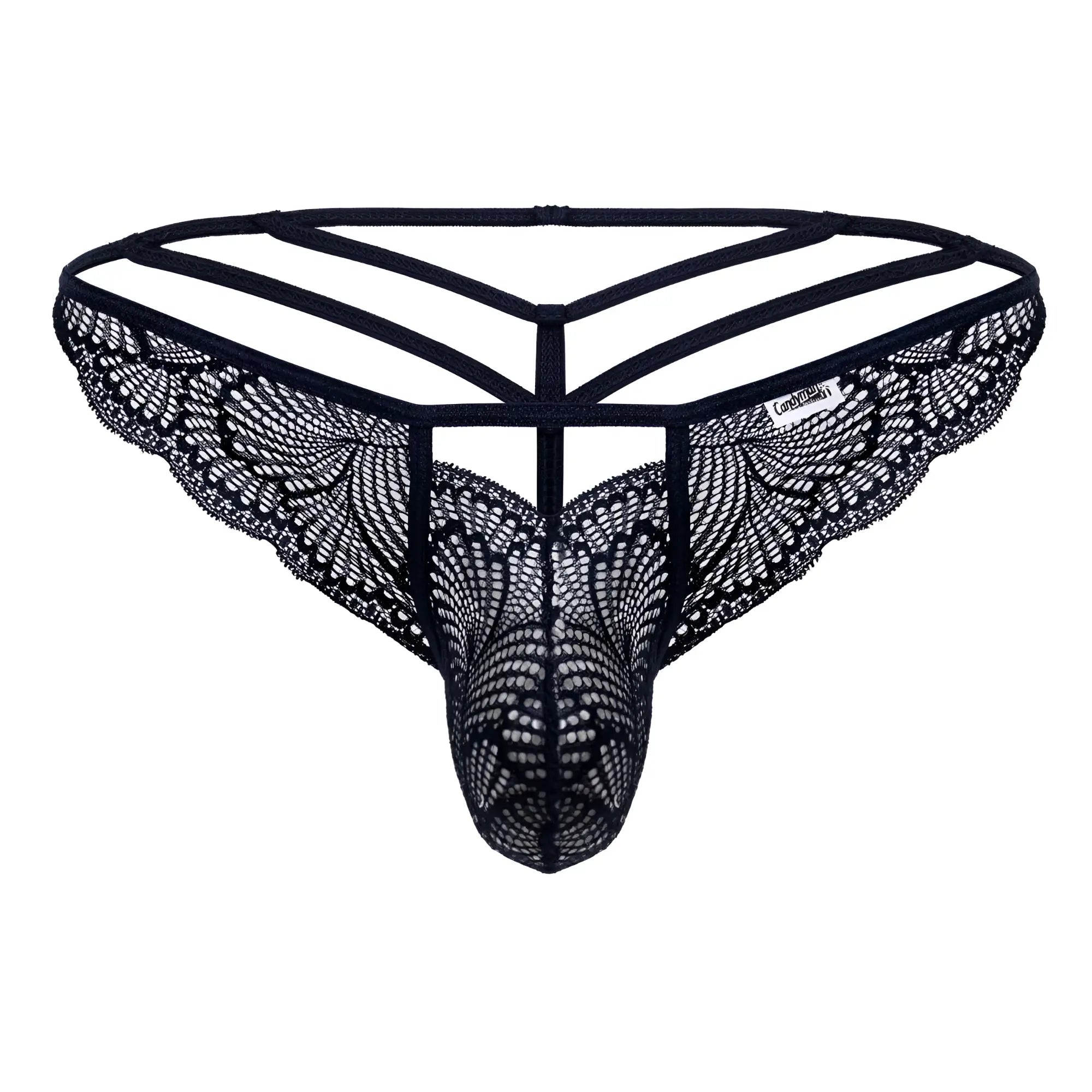 CandyMan 99910 lace thong in navy with black lace butterfly wing patterns and a supportive strappy design