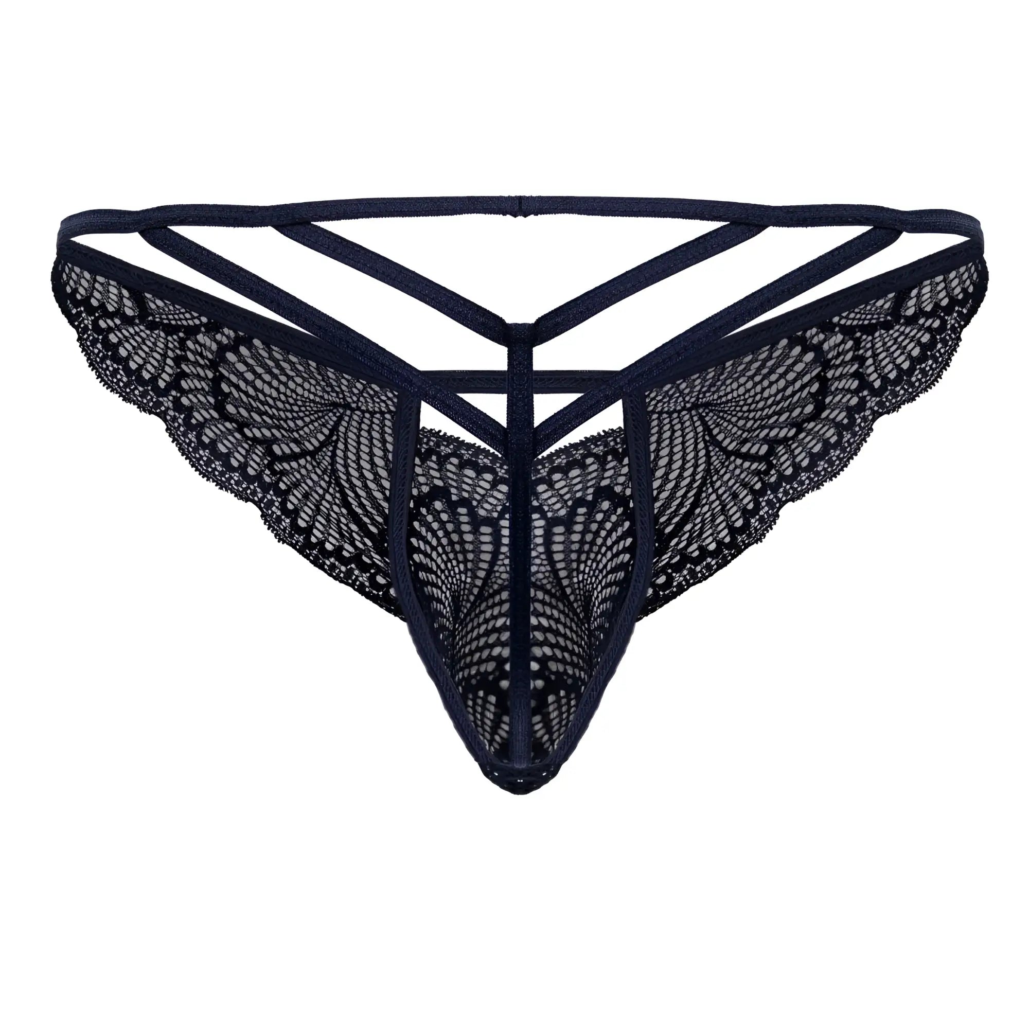 Black lace thong candyMan 99910 navy with intricate butterfly wing patterns and a crisscross back design shown from back