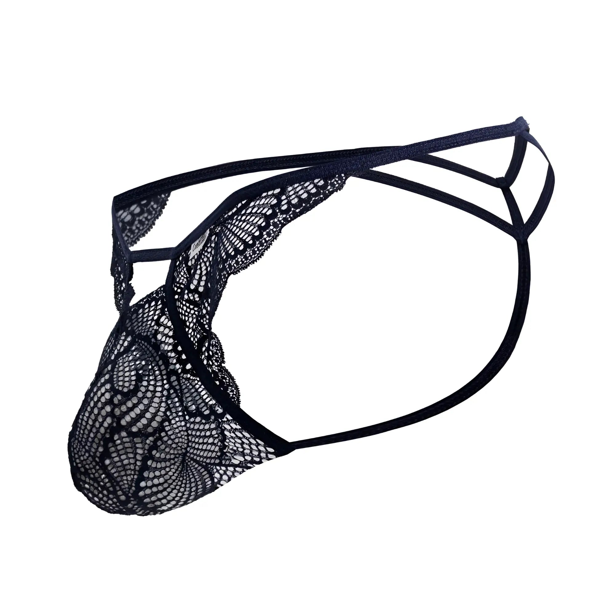CandyMan 99910 lace thong in navy with black lace floral patterns and multi-strapped supportive design
