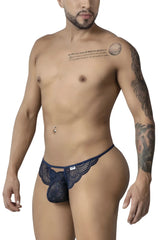 Navy blue candyMan 99910 lace thong with intricate floral pattern and central pouch design shown from front