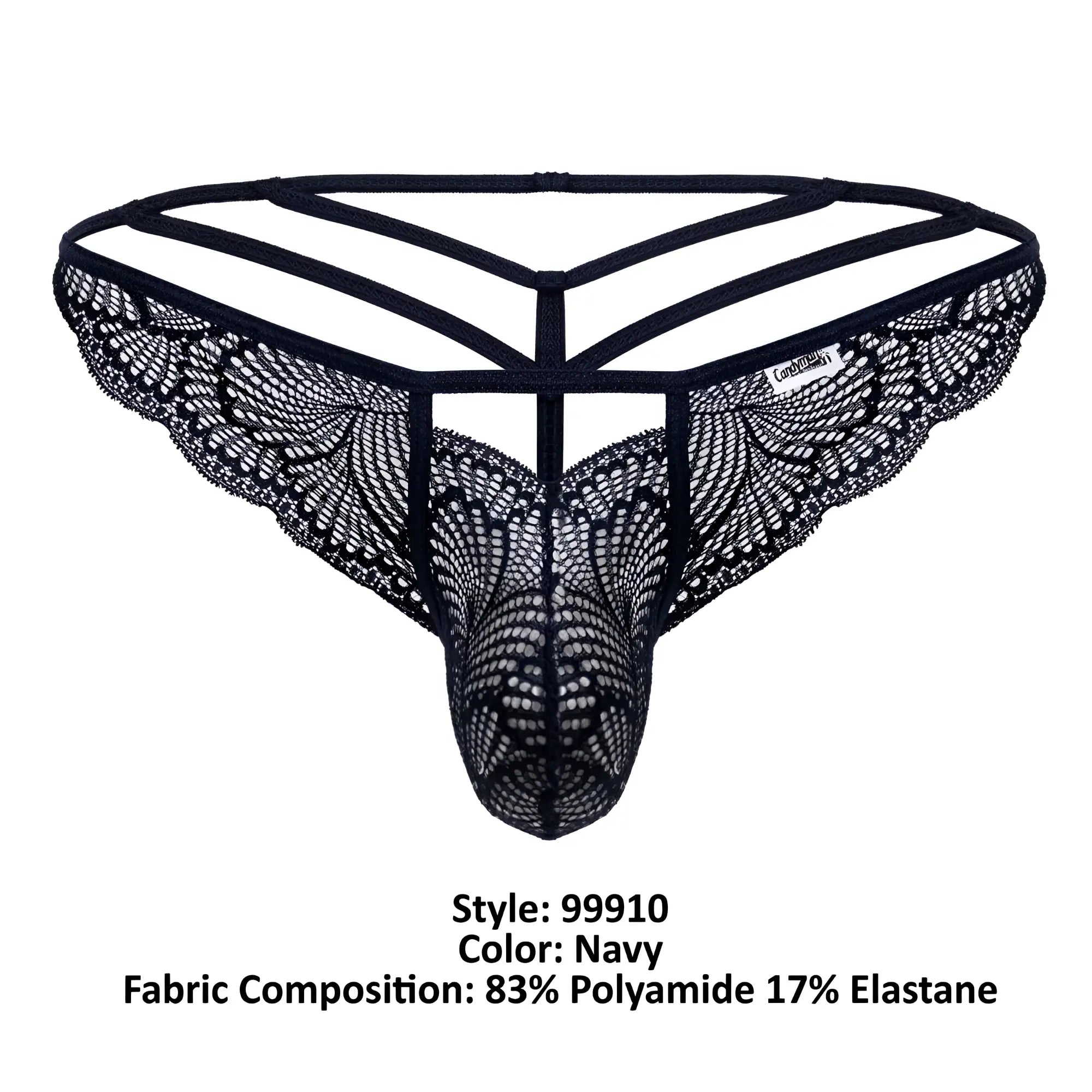Navy lace thong candyMan 99910 featuring intricate butterfly mesh and a supportive strappy backband shown from the back