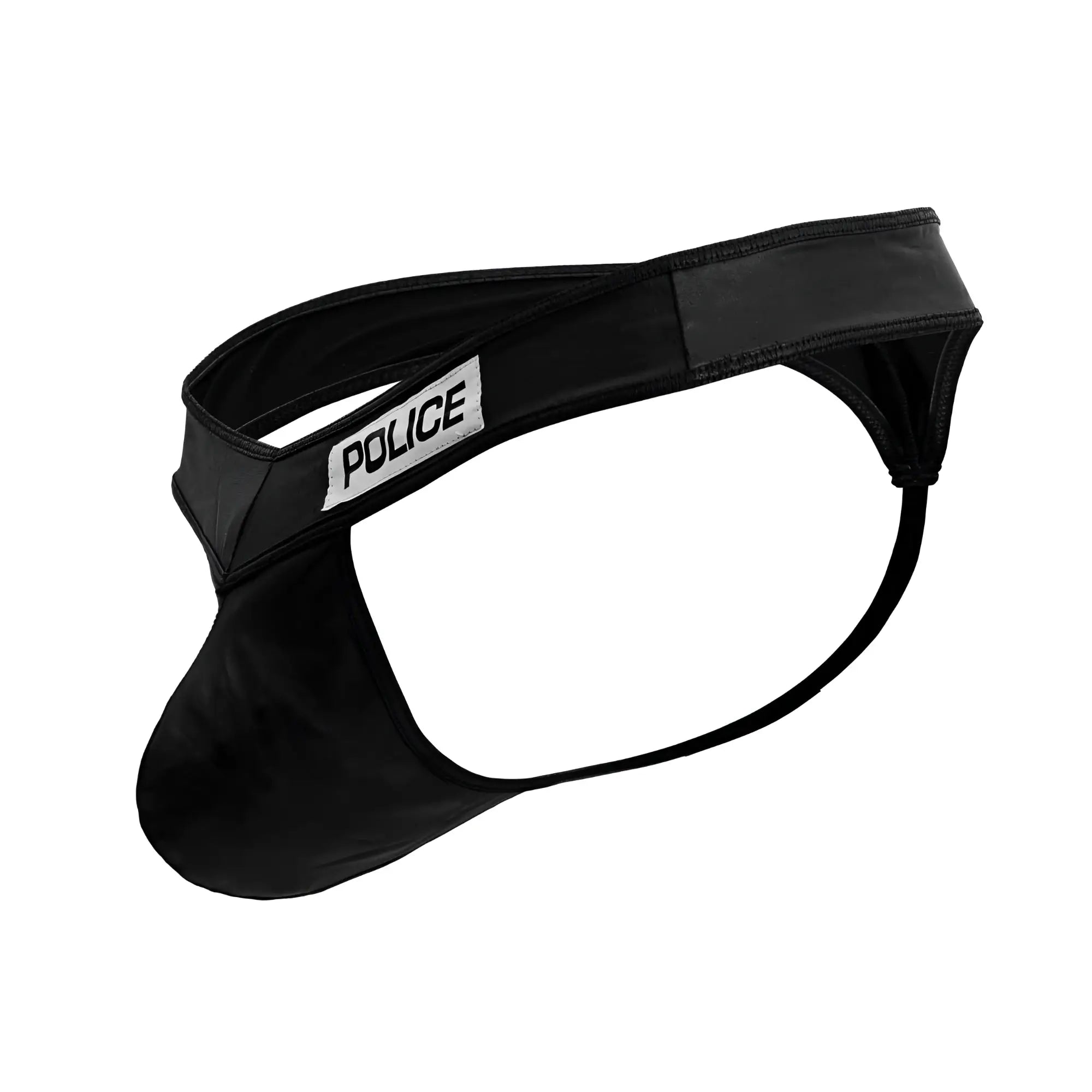 Black faux leather police thong with white police patch on waistband candy man 99912 model front view