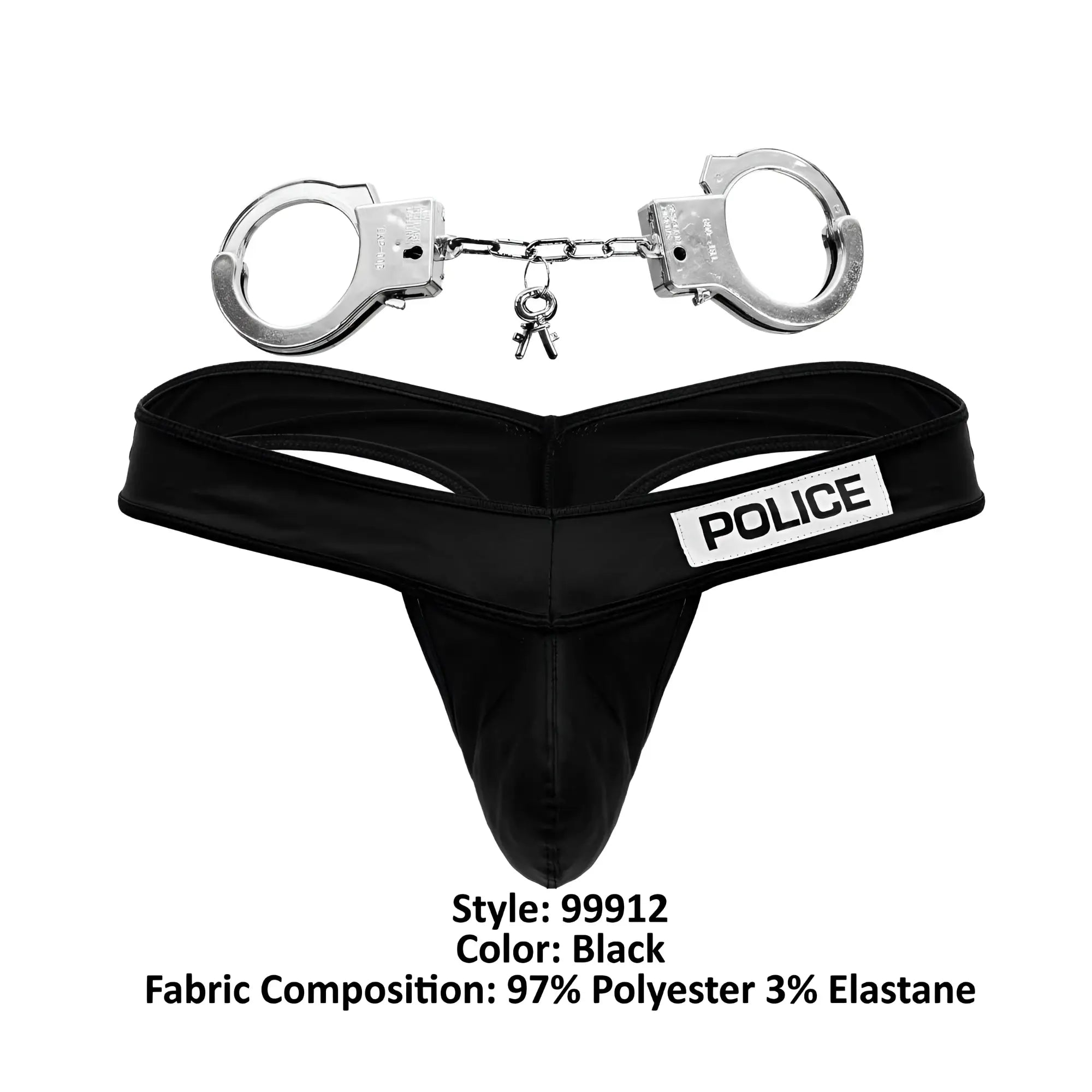 Black polyester and elastane police thong with silver handcuffs chain CandyMan 99912 color black