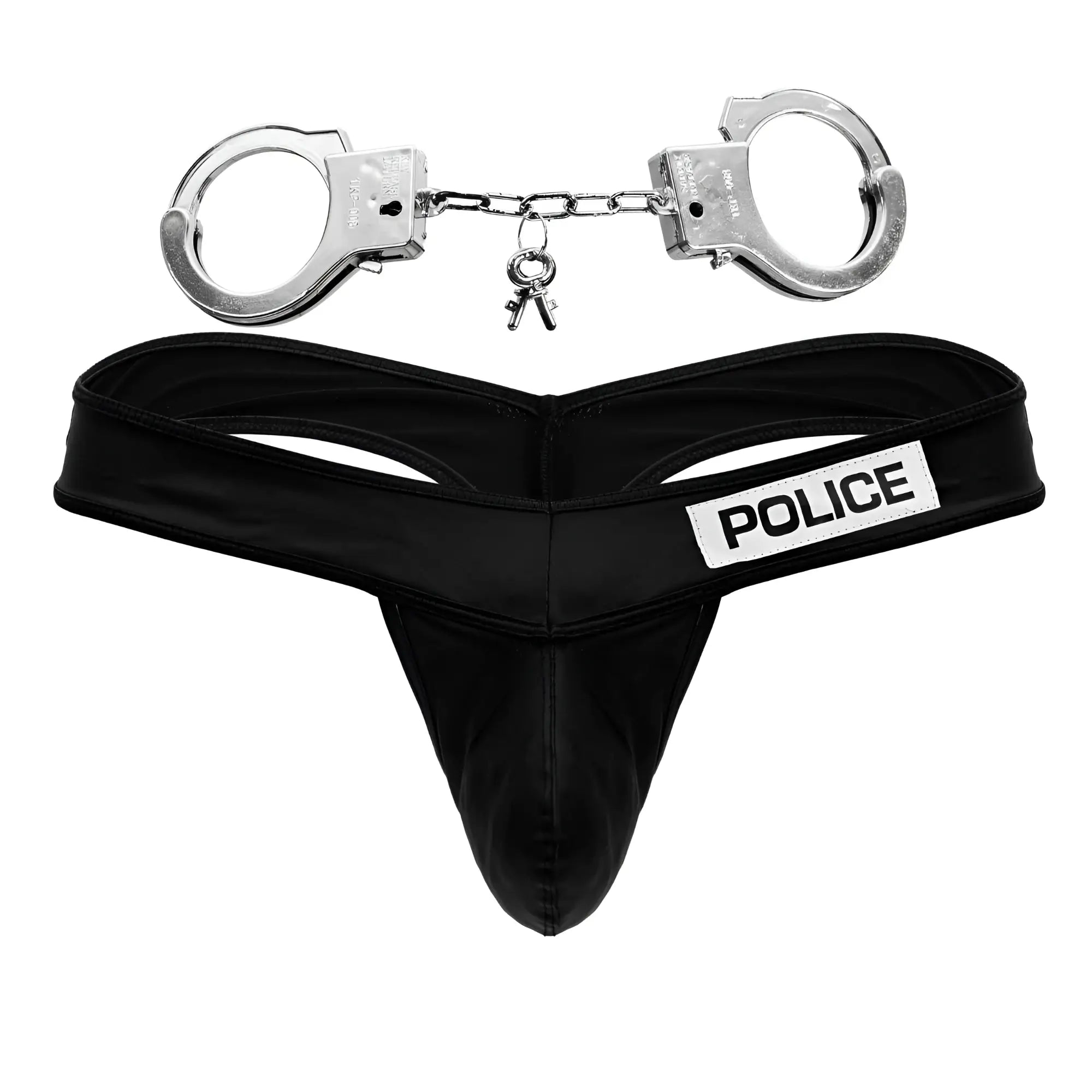 Black satin thong candy man 99912 with police patch and silver handcuffs attached by chain
