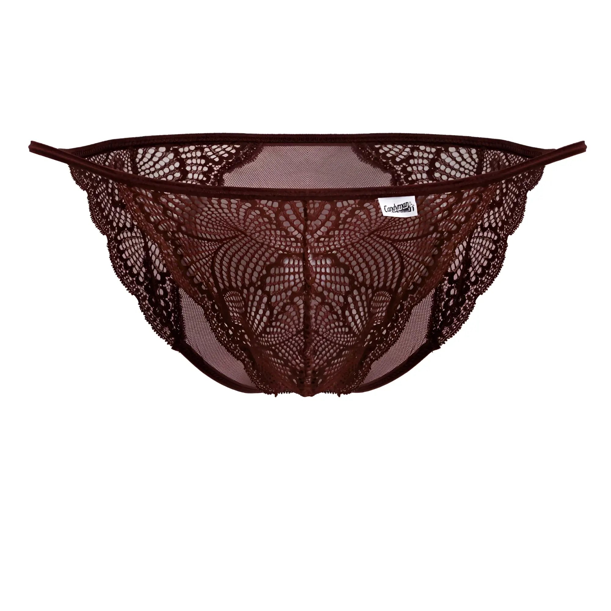 A burgundy candyMan 99914 lace brief thong with intricate floral patterns and dark brown mesh backing shown from the back