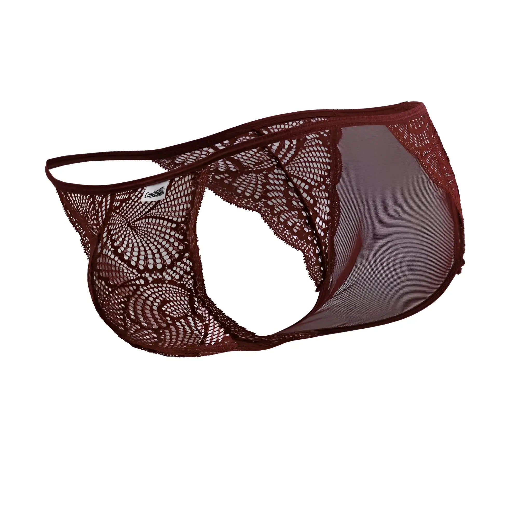 CandyMan 99914 lace briefs in burgundy feature intricate circular patterns and a sheer mesh panel thong style