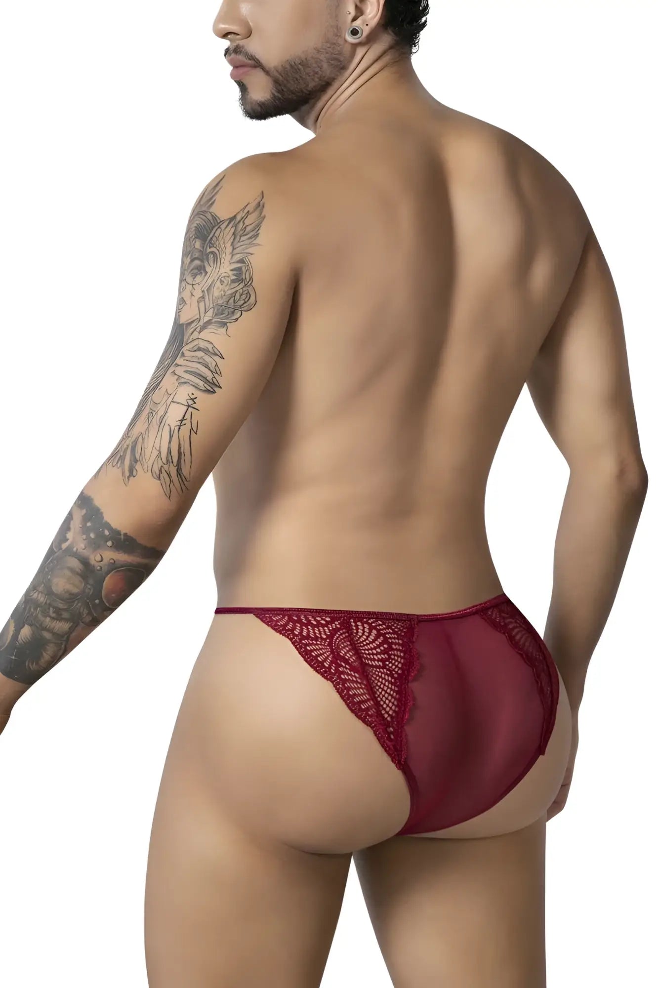 A maroon lace thong brief with sheer mesh back and intricate floral embroidery from candyman 99914 collection