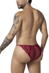 A maroon lace thong brief with sheer mesh back and intricate floral embroidery from candyman 99914 collection