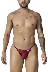 Burgundy red lace thong brief with a small white candyman brand tag on the waistband