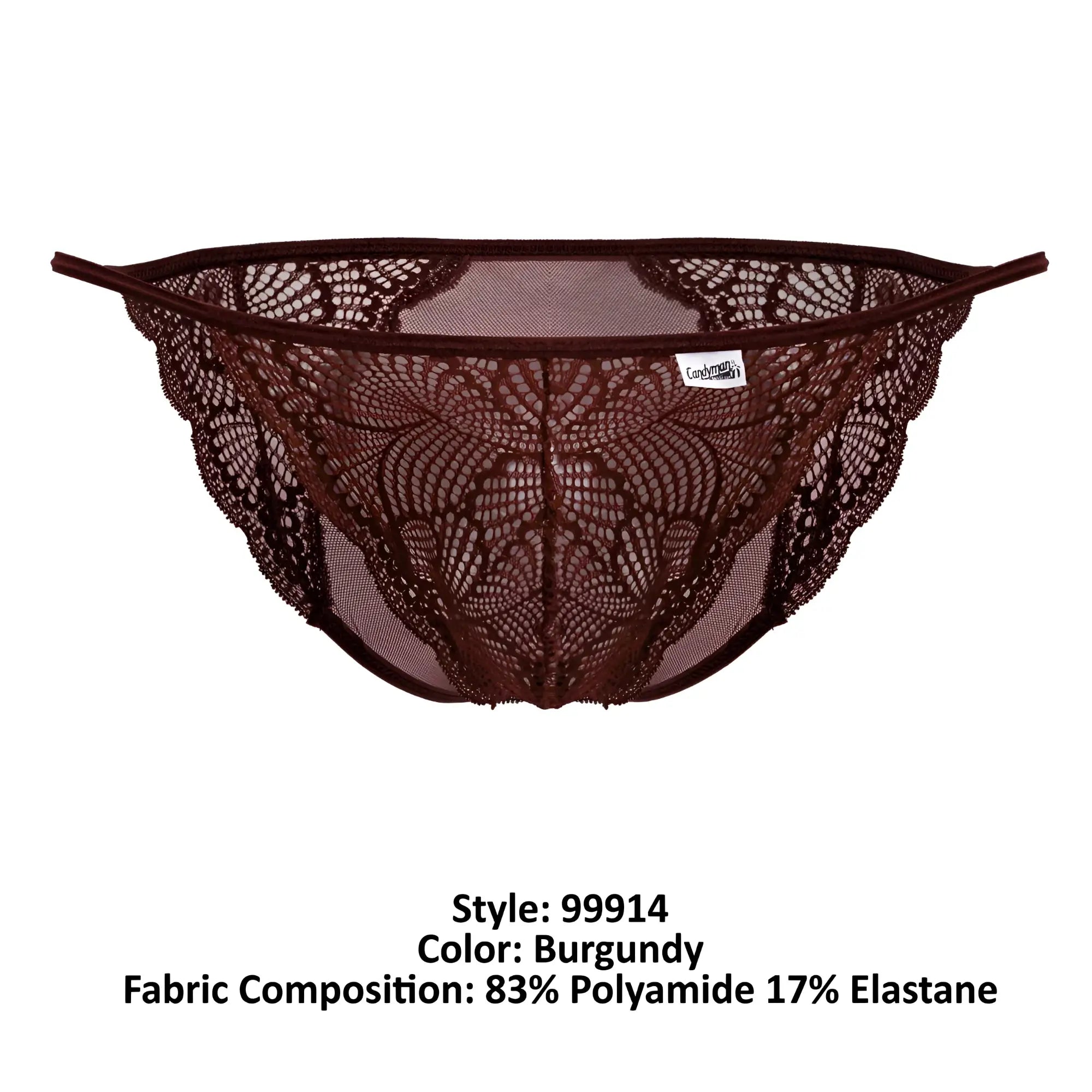 Burgundy CandyMan 99914 lace thong with intricate floral patterns and mesh backing shown from the back side