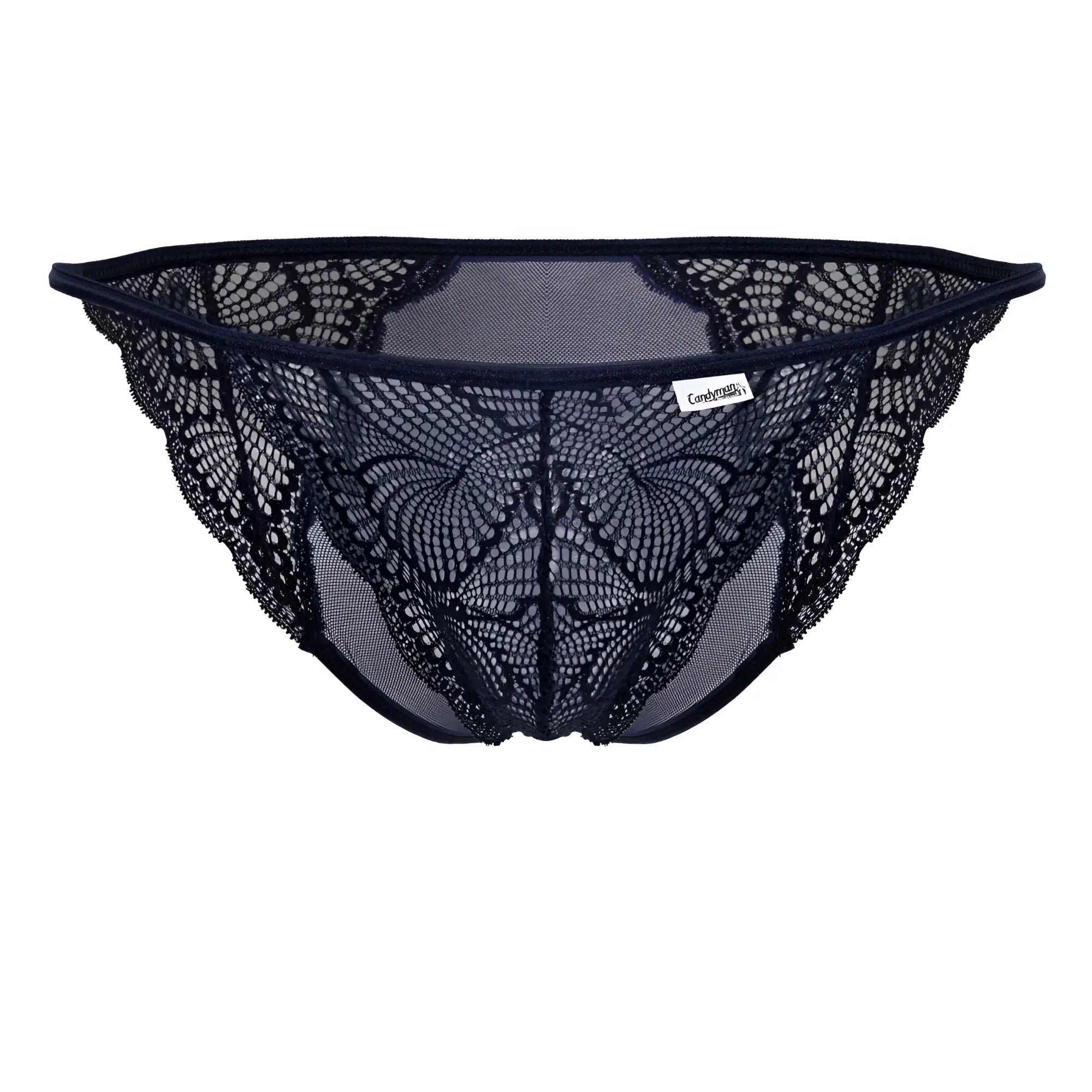 CandyMan 99914 lace briefs in navy featuring black lace thong with intricate butterfly pattern mesh and branded label