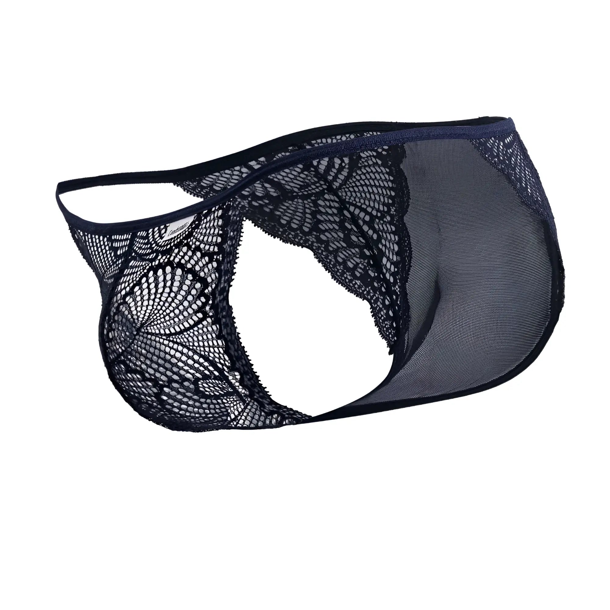 CandyMan 99914 navy lace briefs with sheer mesh panel and delicate floral pattern in black lace thong style