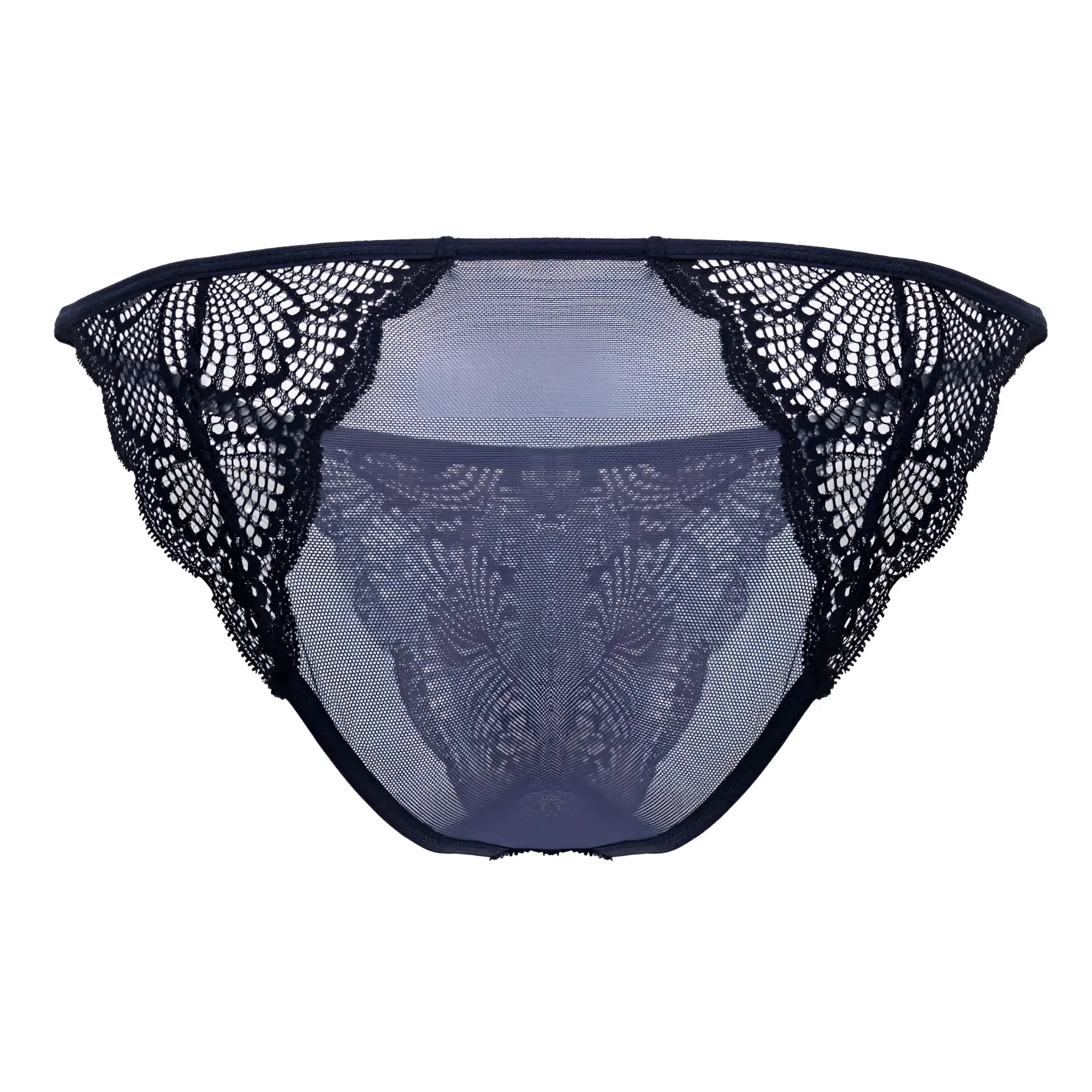 Navy candyman 99914 lace briefs made of black lace-trimmed mesh with intricate floral patterns