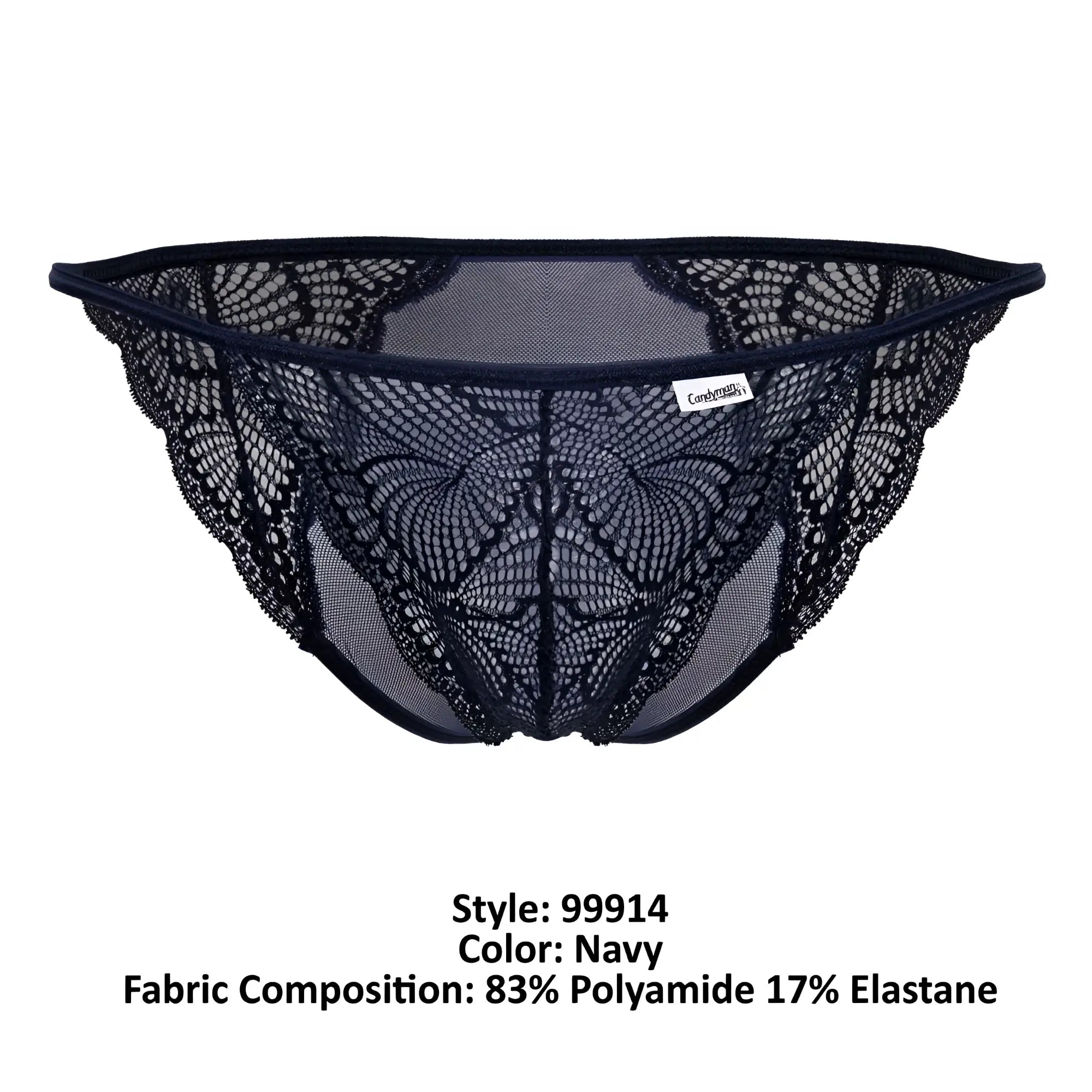 Navy lace thong CandyMan 99914 featuring intricate butterfly pattern and mesh detailing front view