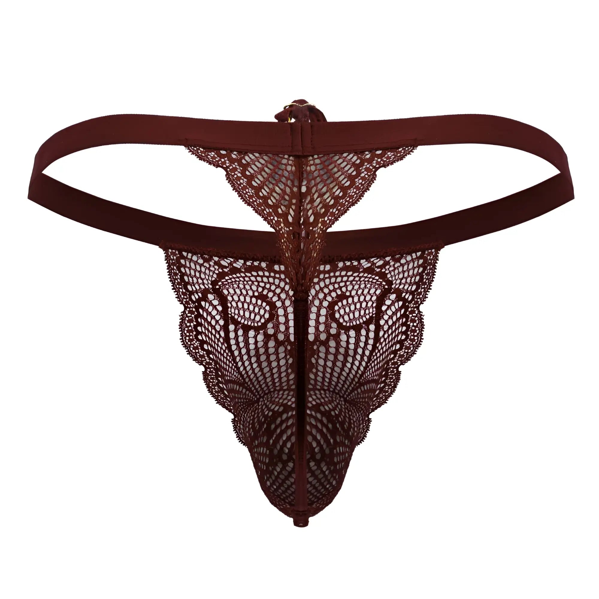 A maroon CandyMan 99915 lace thong with delicate intricate pattern and solid fabric waistband