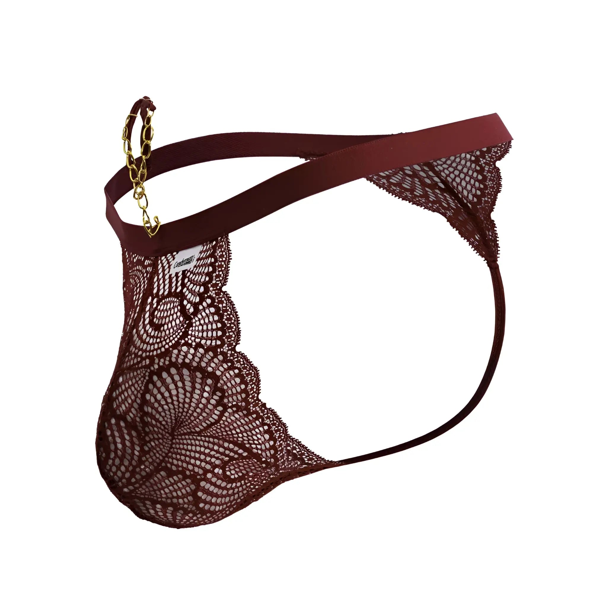 Back side of candyMan 99915 lace thong in burgundy with maroon lace and gold chain detail