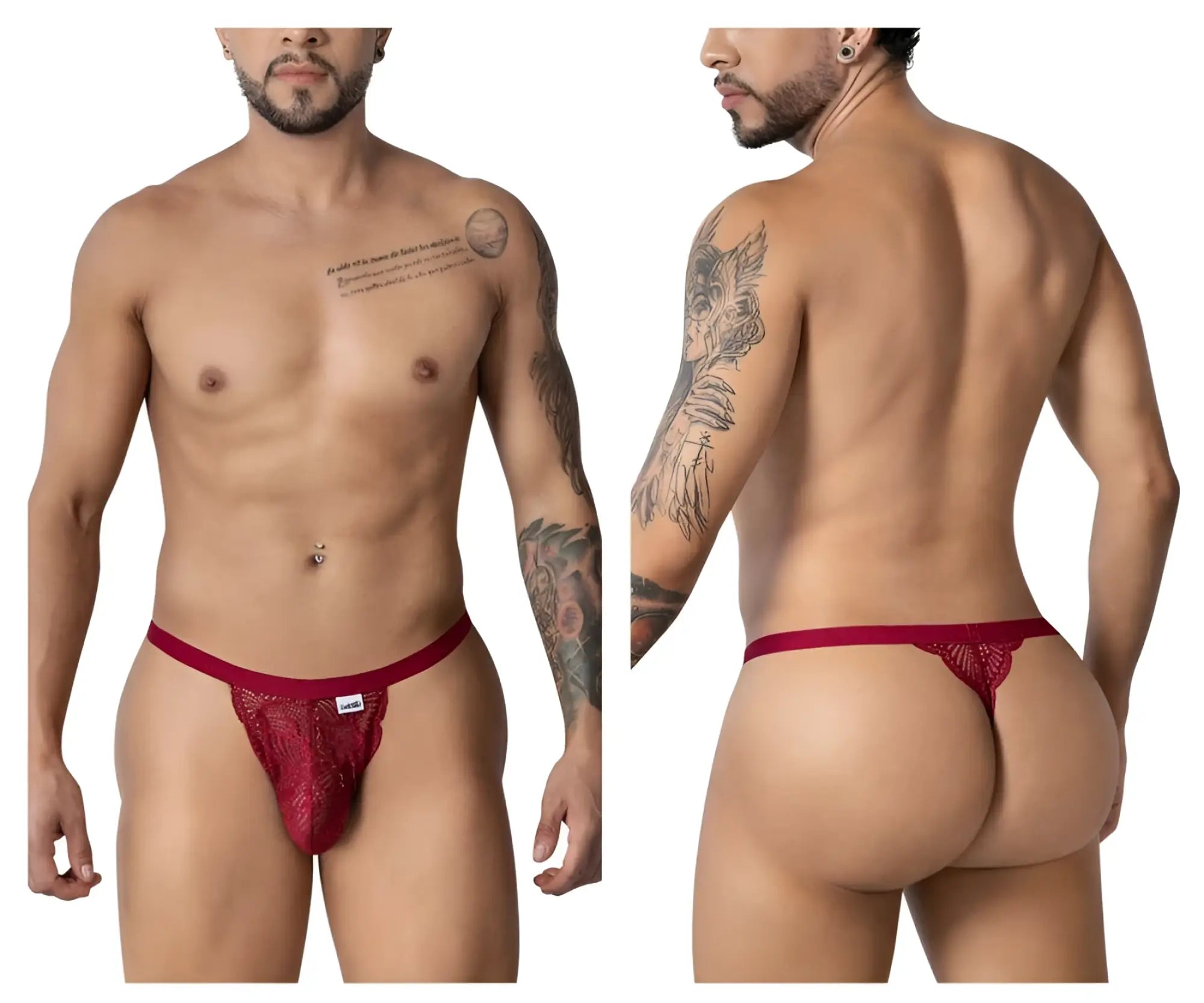 Red lace thong candyMan 99915 in burgundy with delicate intricate pattern and small brand tag on front