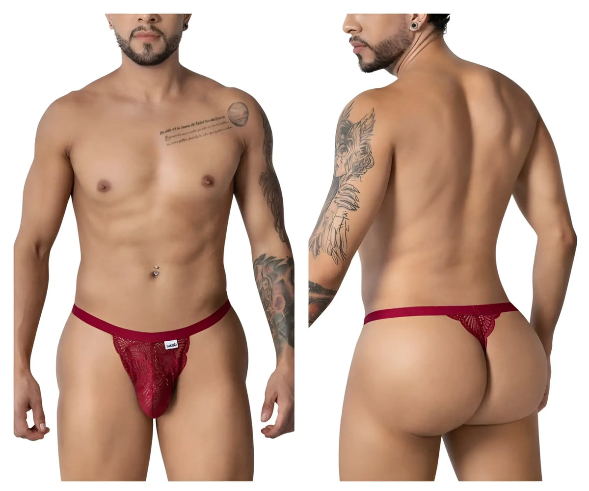 Red lace thong candyMan 99915 in burgundy with delicate intricate pattern and small brand tag on front