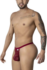 Burgundy red lace thong candyMan 99915 with textured patterned design and small white brand tag on waistband