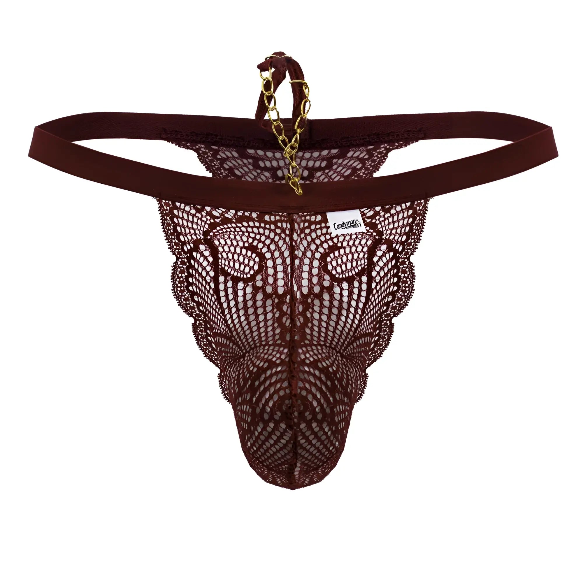 Back view of burgundy lace thong with gold chain detail from candyman 99915 lace thongs collection