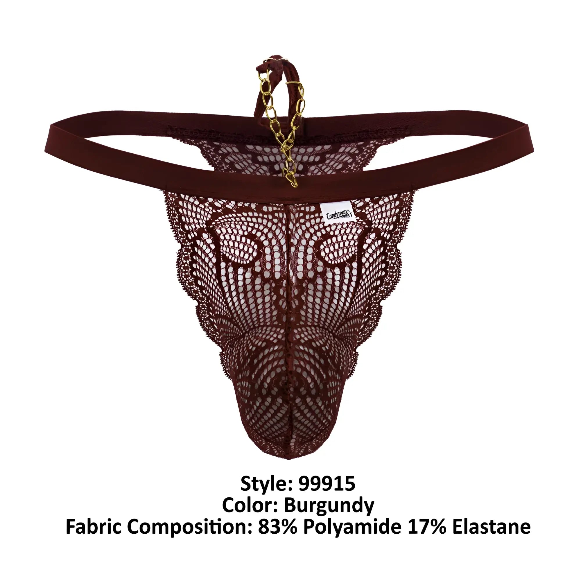 Back side of candyman 99915 lace thong in burgundy with gold chain detail made of delicate lace material