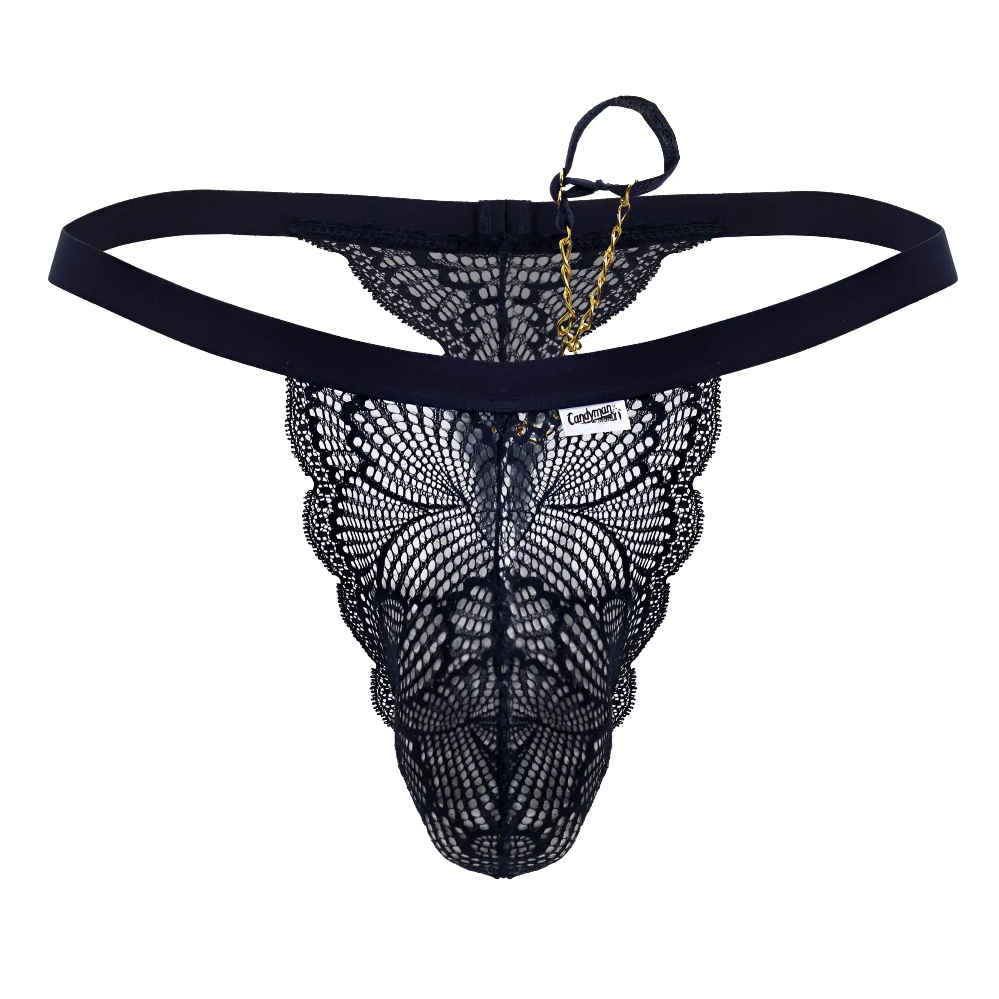 Black lace thong with butterfly pattern and gold chain detail in navy from candyman 99915 collection