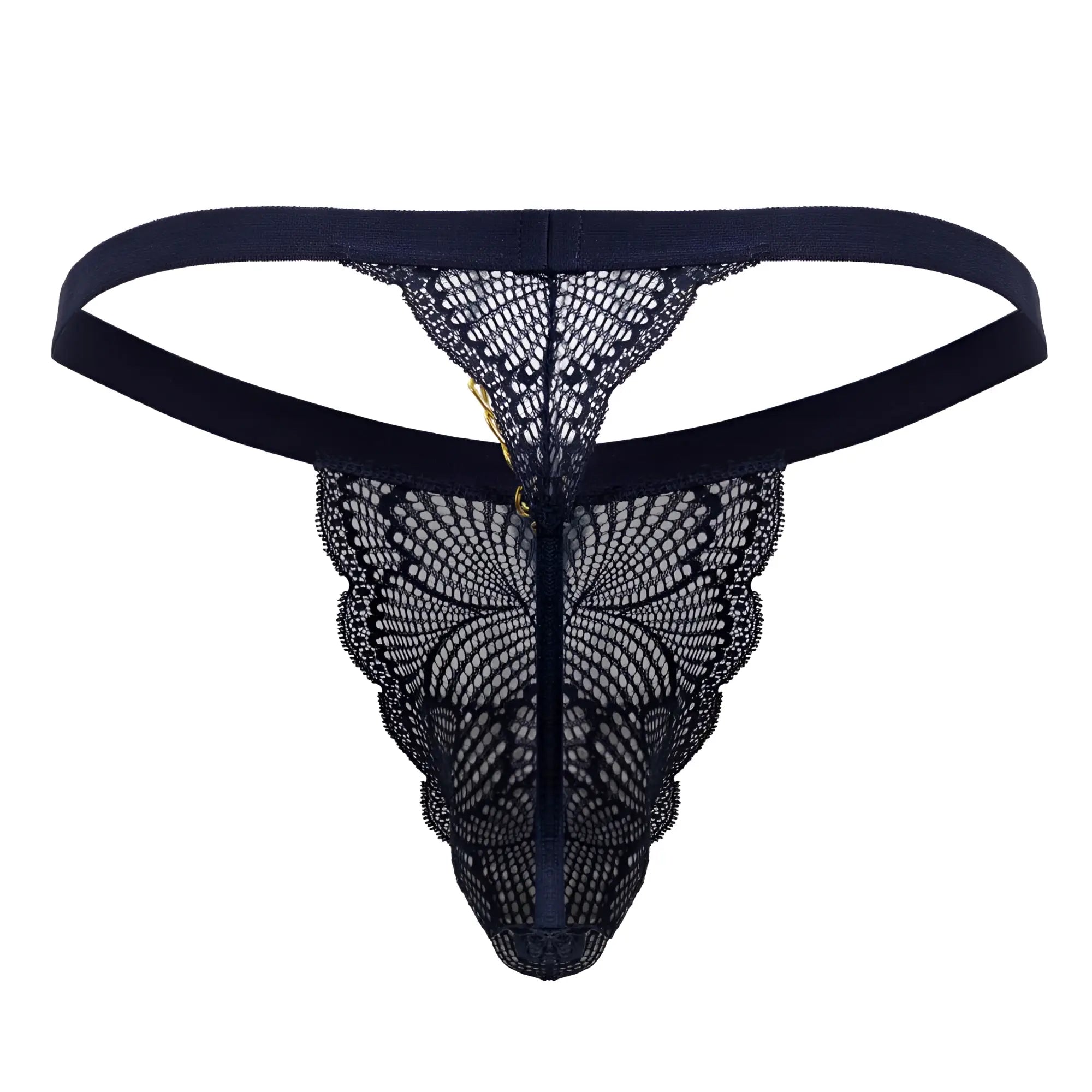 Black lace thong candyMan 99915 in navy with central zipper and scalloped edges for stylish lingerie wear