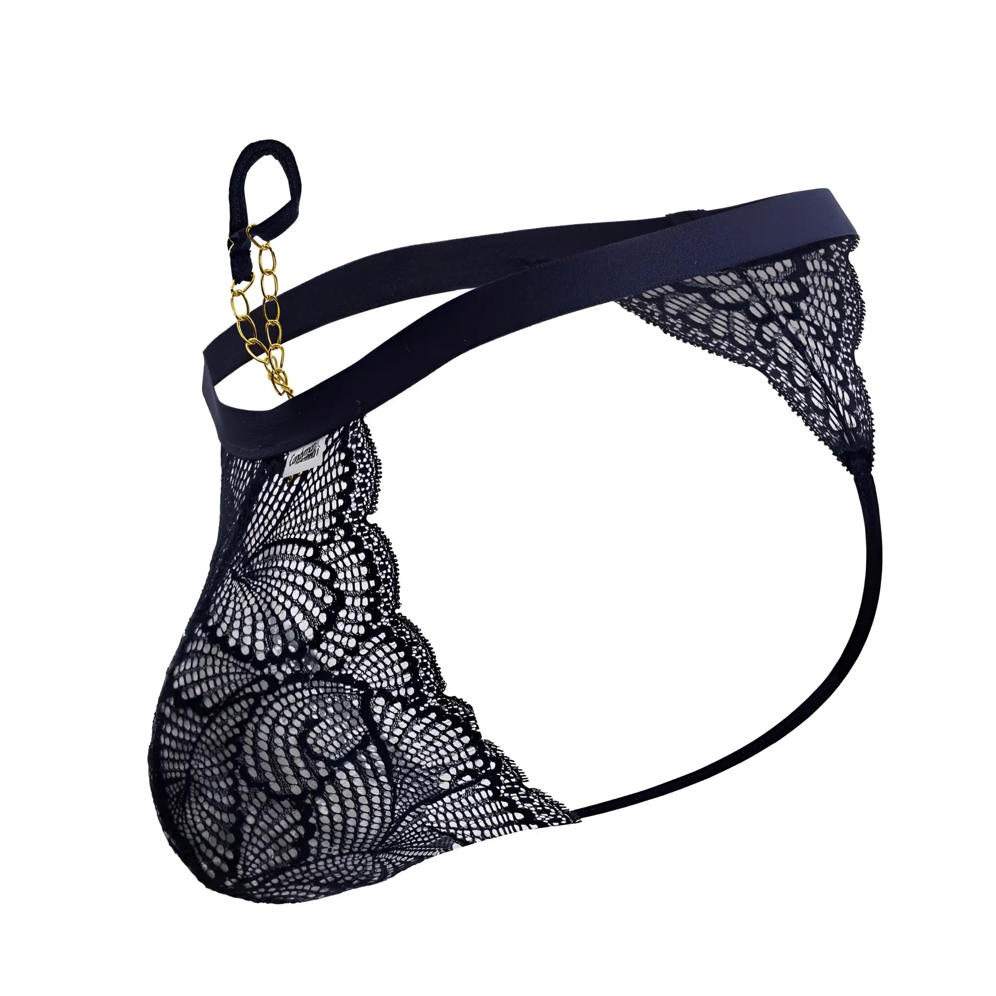 Navy candyMan 99915 lace thong with gold chain accent and elastic waistband front view