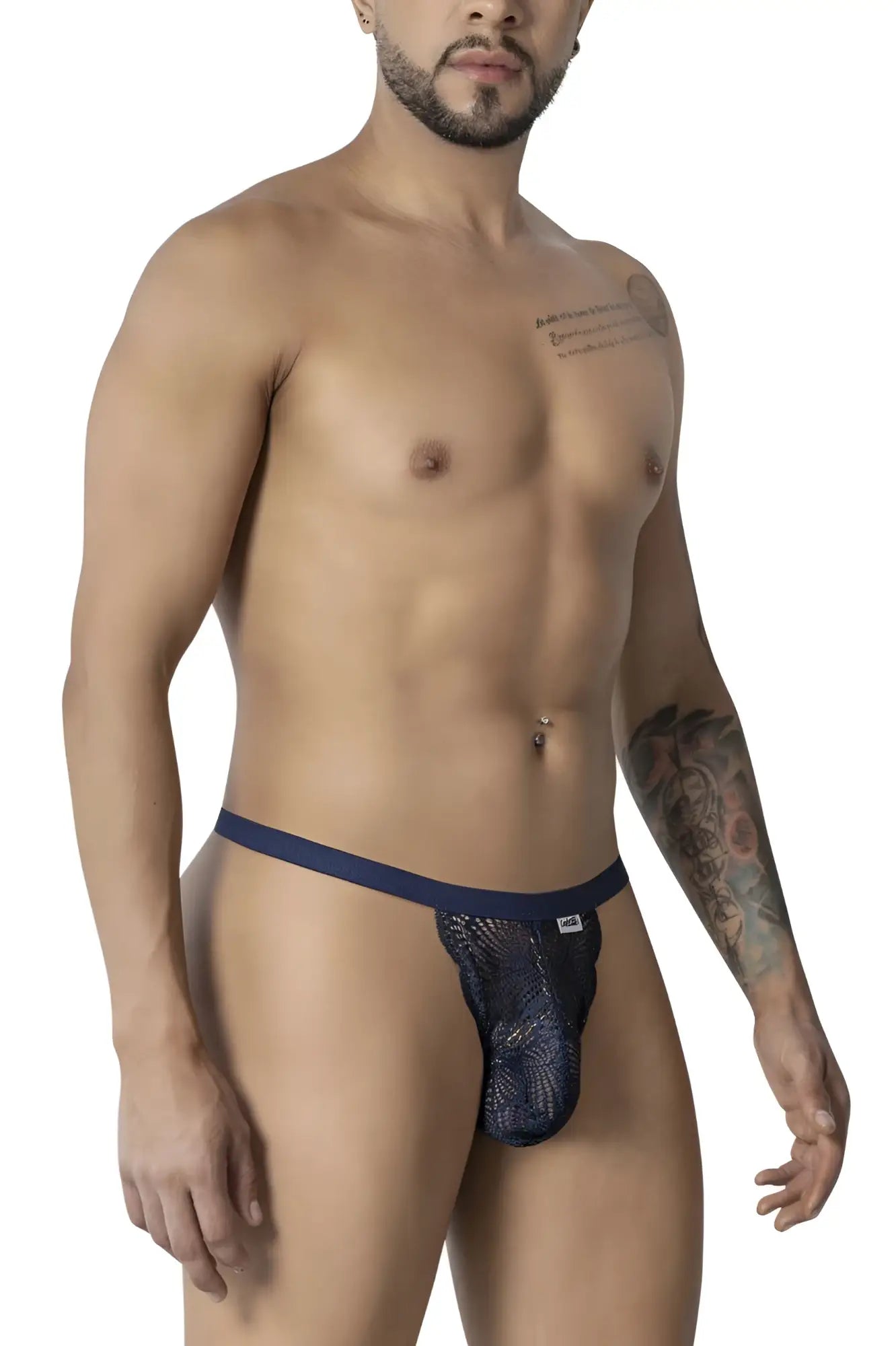 Navy blue mesh thong with solid waistband from candyman 99915 lace thongs shown from the back side